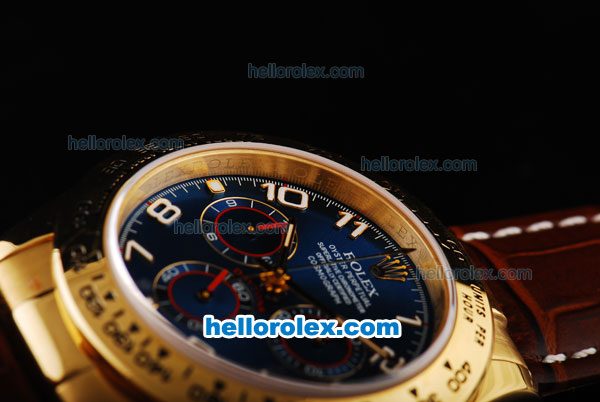 Rolex Daytona Swiss Valjoux 7750 Automatic Movement Gold Case with Blue Dial-Gold Numeral Markers and Brown Leather Strap - Click Image to Close